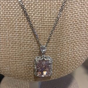 NEW Pink Moissanite Halo Pendant Necklace 925 Sterling Silver Double Chain